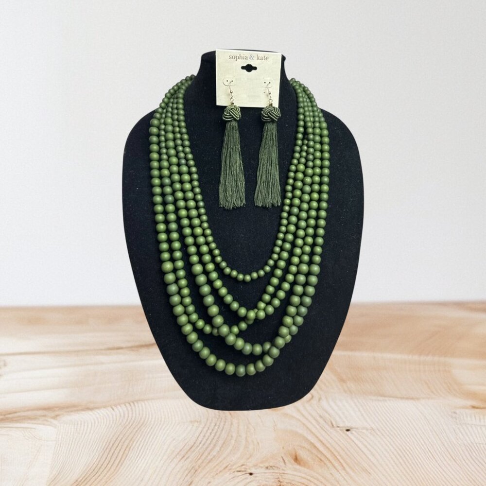 Sophia & Kate Olive Green Tassel Earrings & Unbranded Beaded Necklace Set